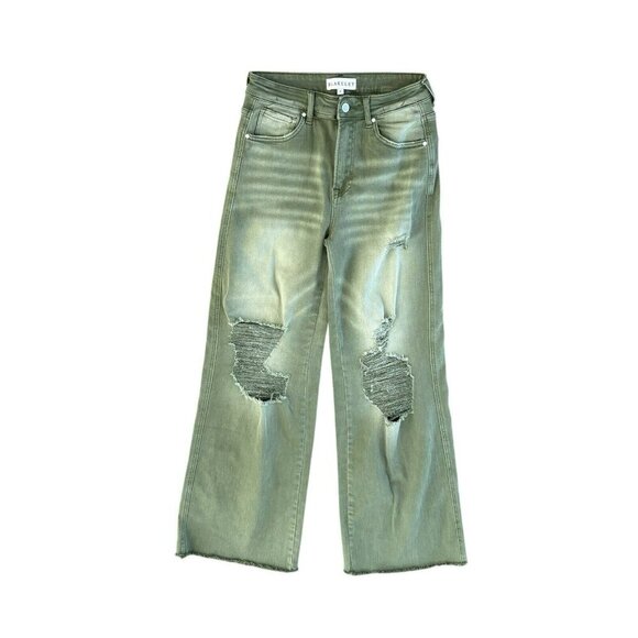 Women's Blakeley Distressed Olive Green Jeans Size 5 Wide Leg Strechy Relaxed - Picture 2 of 7